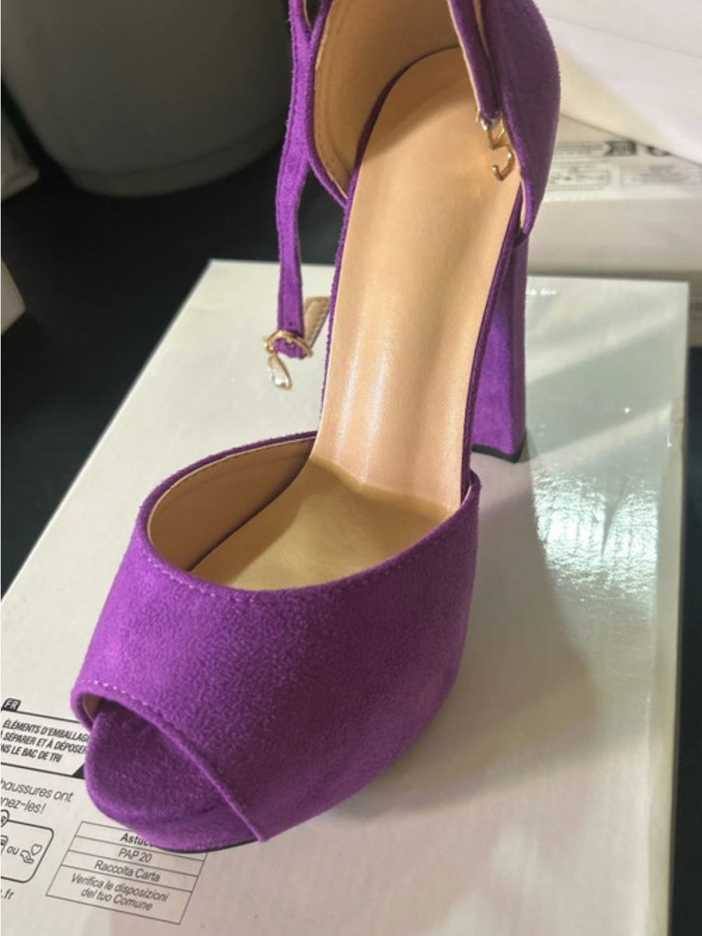 SHEIN Purple Suede Peep-Toe Block Heels with Ankle Strap
